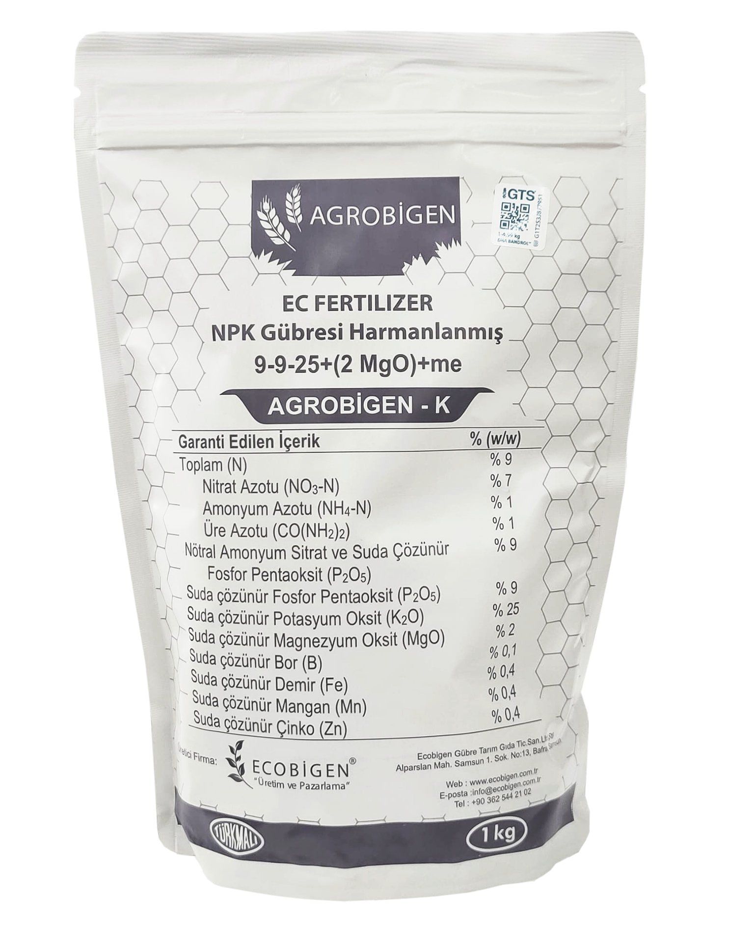 AGROBİGEN-K NPK Gübresi Harmanlanmış 9-9-25+(2MgO)+me 1kg