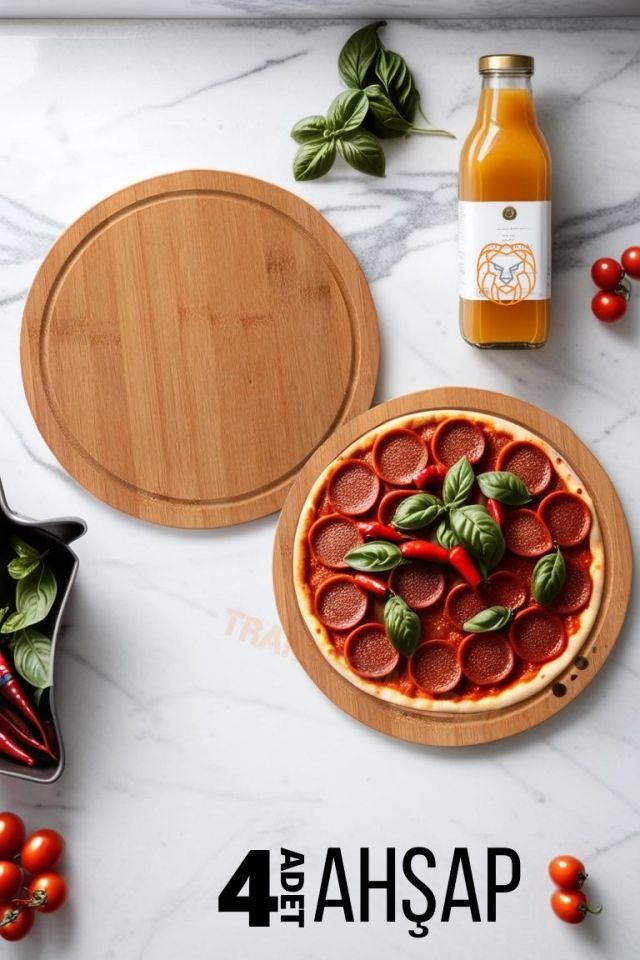 4 Adet Pizza Sunum ve Kesim Tahtası 34 cm