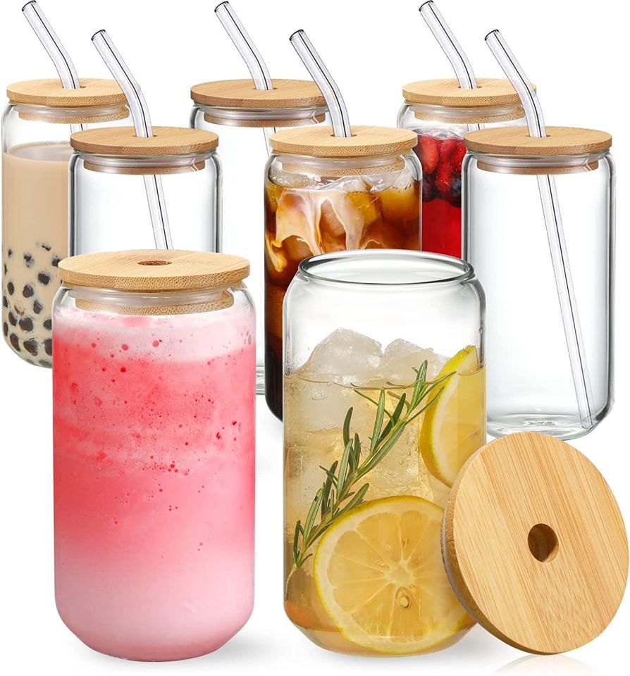 2 Adet 350 ml Bambu Kapaklı Kavanoz Bardak