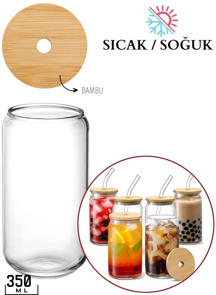 2 Adet 350 ml Bambu Kapaklı Kavanoz Bardak