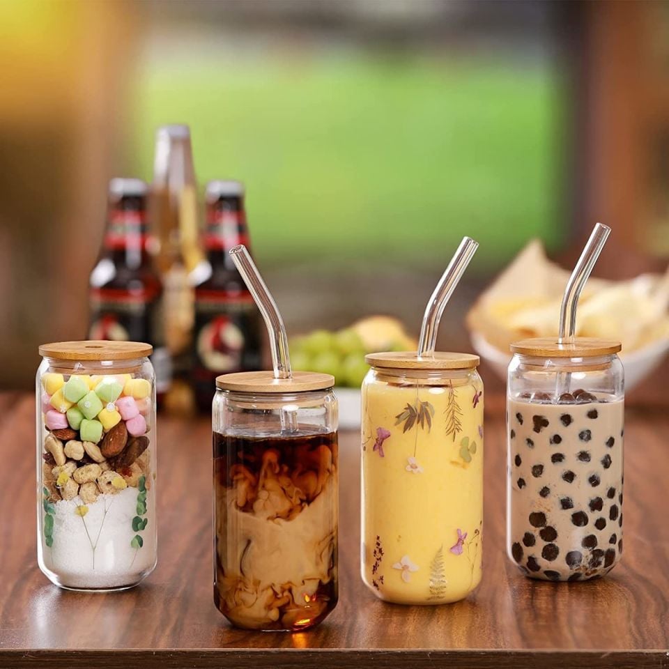 4 Adet 350 ml Bambu Kapaklı Kavanoz Bardak