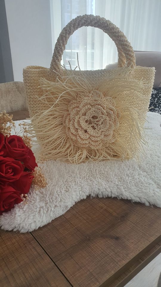 Gül Motifli Kağıt İp Hasır Çanta