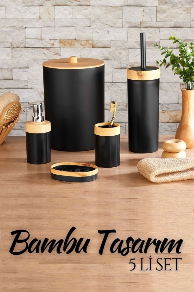 Banyo Seti Bambu Design SİYAH 5 Parça