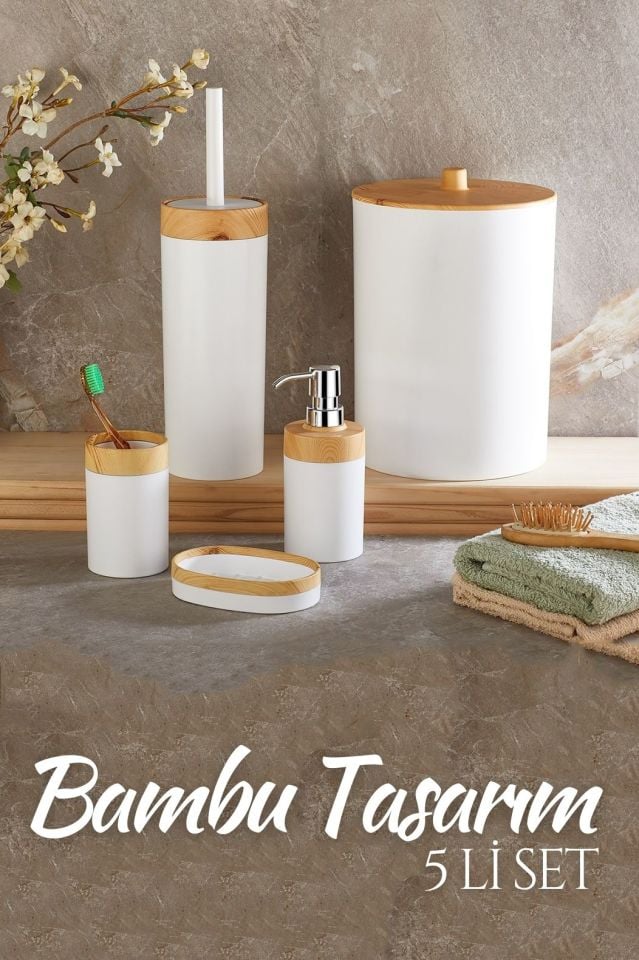 Banyo Seti Bambu Design BEYAZ 5 Parça